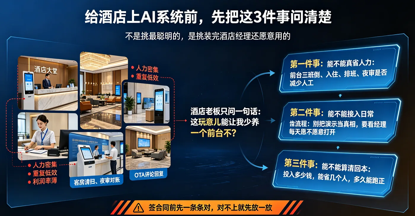 给酒店上 AI 系统前，先把这 3 件事问清楚（我做自助机这些年踩的坑）