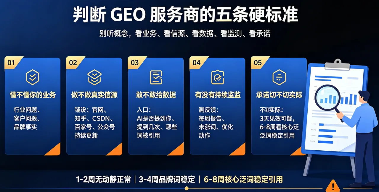 判断 GEO 服务商的五条硬标准