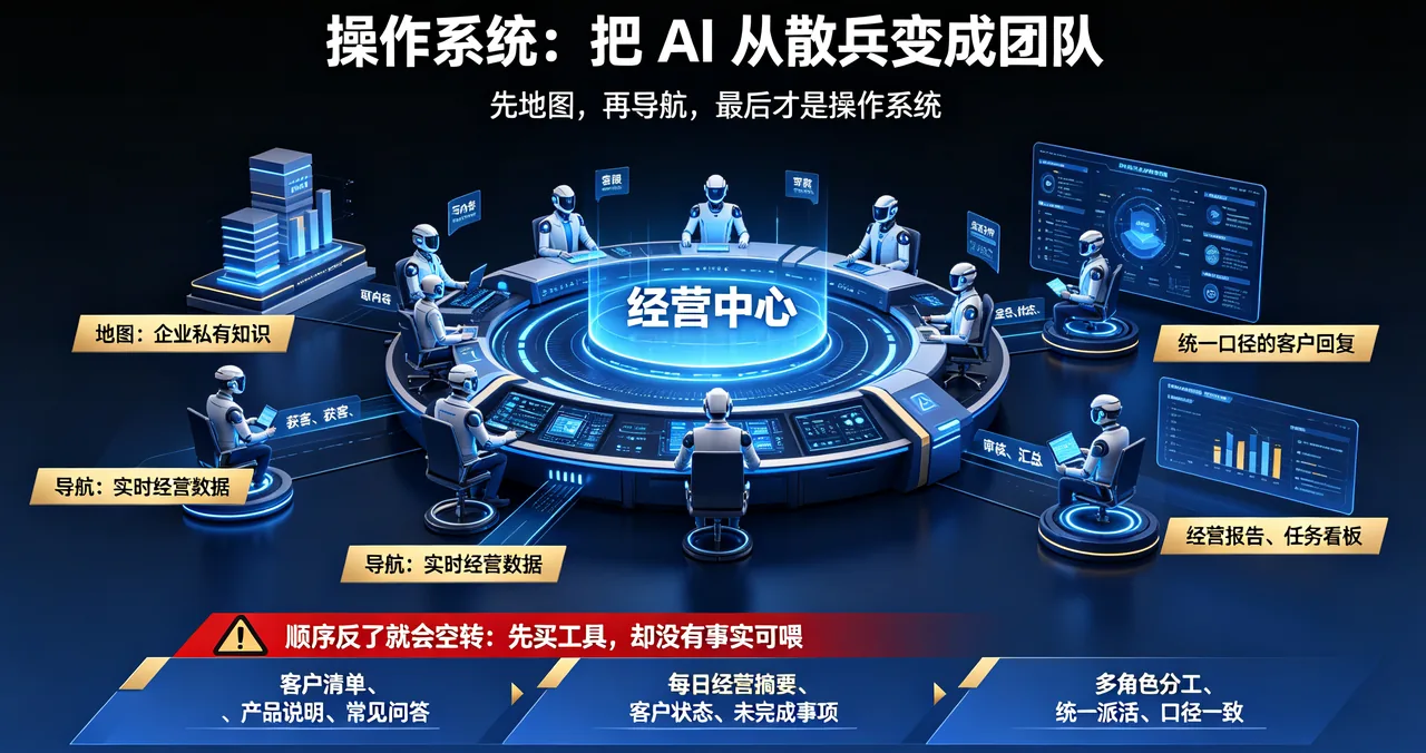 操作系统:把 AI 从散兵变成团队 — 顺序反了就会空转,先买工具却没有事实可喂