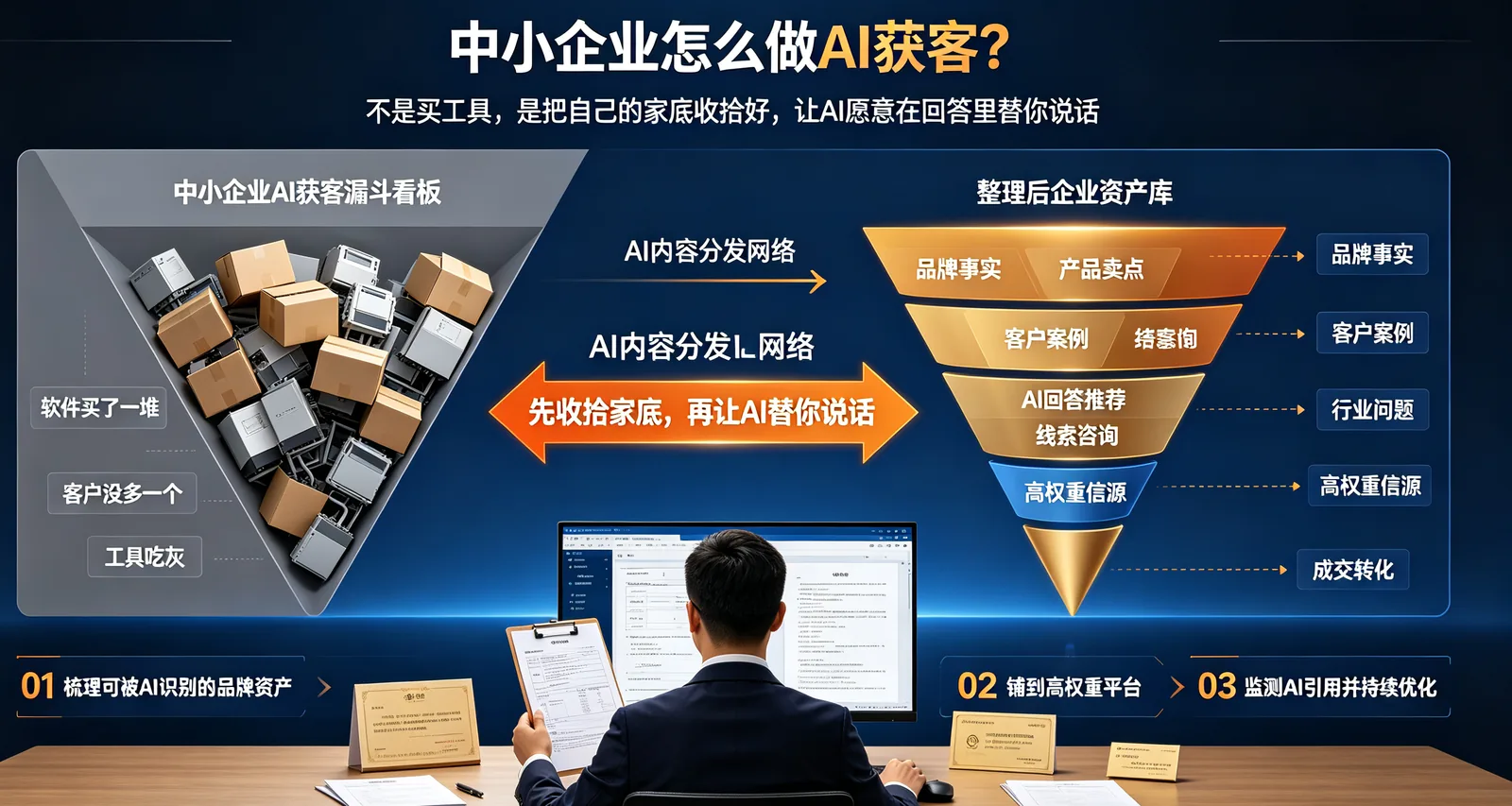 中小企业怎么做AI获客？梳理品牌资产 → 铺高权重平台 → 监测AI引用
